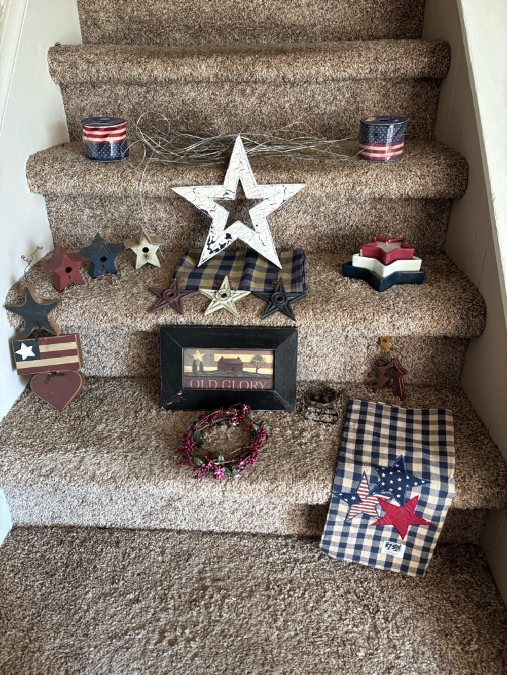 Patriotic Star & Buffalo Check Towel Set - Red, Navy, Cream